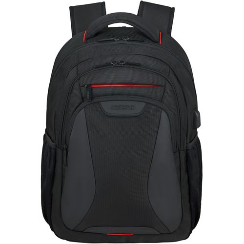 Laptoprucksack AMERICAN TOURISTER "AT WORK", Gr. B/H/T: 33cm x 45cm x 21,5cm, schwarz (bass schwarz), Polyester, Rucksäcke, Freizeitrucksack Schulrucksack USB-Schleuse 15,6-Zoll Laptopfach