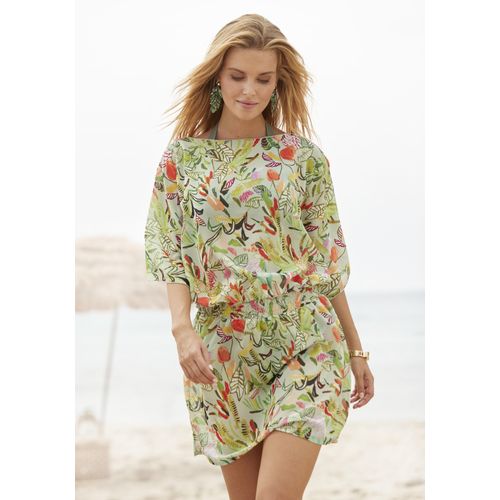 Tunika S.OLIVER, Damen, Gr. 32/34, grün (grün bedruckt), Chiffon, Obermaterial: 100% Polyester, bedruckt, casual, figurumspielend kurz, U-Boot-Ausschnitt, Kurzarm, Tuniken, mit Blätterdruck, Strandmode, modisches Sommerkleid