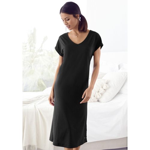 Nachthemd LASCANA, Damen, Gr. 36/38, N-Gr, schwarz, Single Jersey, Obermaterial: 50% Baumwolle, 50% Viskose, unifarben, feminin, bequem Midi, V-Ausschnitt, Kurzarm angeschnitten,mit Aufschlag, Kleider, mit Seitenschlitzen