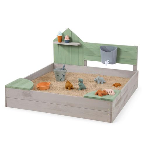 Muddy Buddy Sandkasten Cozy House , Grün, Hellgrau , Holz , 100x60x100 cm , Europäischer Sicherheitsstandard, EN 71, FSC , mit Holzschutz