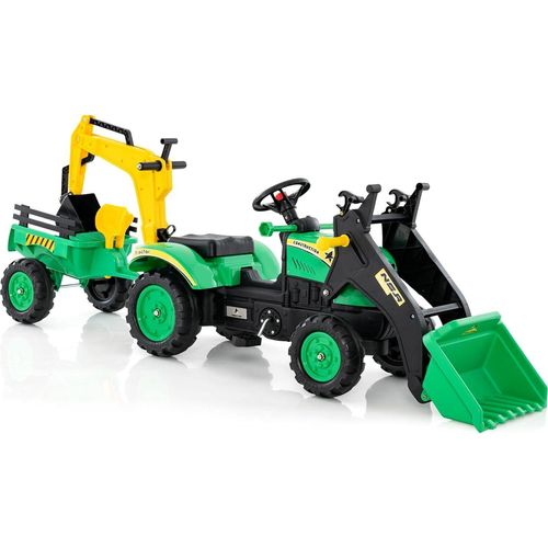 COSTWAY Trettraktor, Kinder Traktor mit Abnehmbarer Anhänger & Grabschaufel, Baggerlader bis 35 kg belastbar, Sitzbagger für Kinder von 3-6 Jahre (Grün)