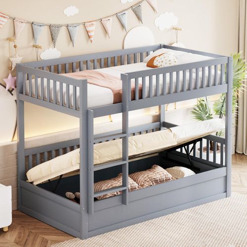 STILVORA Etagenbett -Kinderbett 90x200 Bettgestell Jugendbett mit Massivholz-Hydraulikspeicher,Lagerbett Holzbett für Kinder Jugendliche,Grau,Ohne Matratze