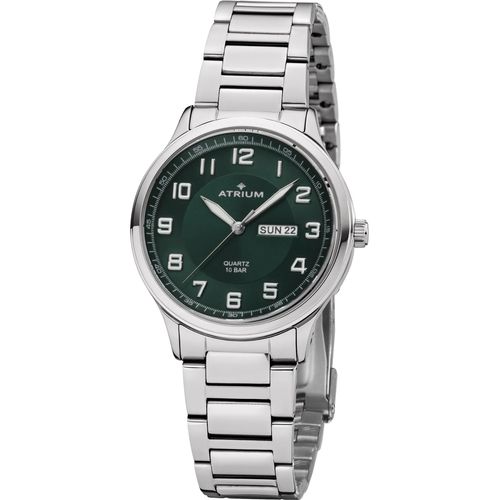 Quarzuhr ATRIUM, silber (silberfarben, grün), Armbanduhren, Herren, Armbanduhr, Herrenuhr, Edelstahlarmband, analog, Wochentag, Tag