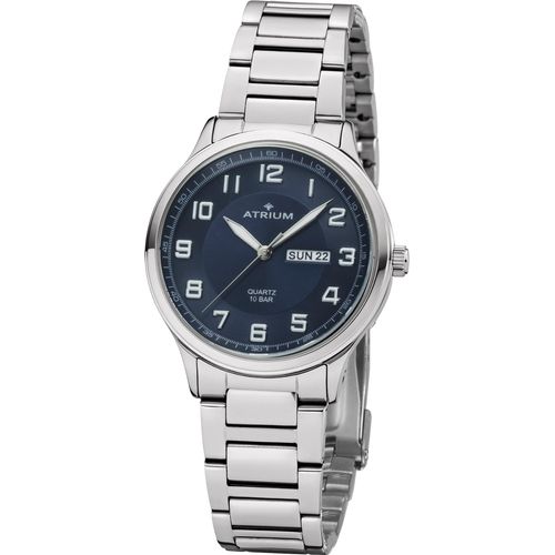 Quarzuhr ATRIUM, silber (silberfarben, blau), Armbanduhren, Herren, Armbanduhr, Herrenuhr, Edelstahlarmband, analog, Wochentag, Tag