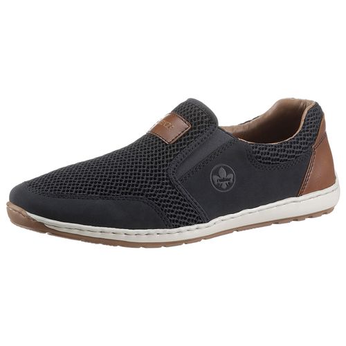 Slipper RIEKER, Herren, Gr. 42, bunt (dunkelblau, braun), Lederimitat, Textil, sportlich, Schuhe, Sommerschuh, Schlupfschuh, Freizeitschuh mit kontrastfarbenen Besätzen, Topseller