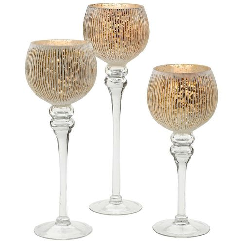 Teelichthalter-Set , Weiß, Gold, Transparent , Glas , 13x40 cm , Dekoration, Kerzen & Zubehör, Teelichthalter