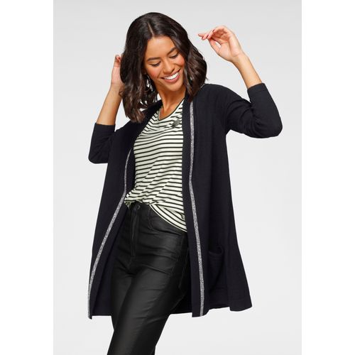 Longstrickjacke LAURA SCOTT, Damen, Gr. 36/38, schwarz, Strick, Obermaterial: 45% Viskose, 35% Polyamid, 20% Polyester, unifarben, feminin, figurumspielend ca. Mitte Oberschenkel, ohne Ausschnitt, Langarm, Strickjacken, mit Kapuze und Schmuckband an der vorderen Kante