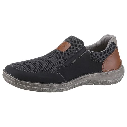 Slipper RIEKER, Herren, Gr. 44, bunt (navy braun), Textil, Lederimitat, Schuhe, Halbschuh, Freizeitschuh, Schlupfschuh mit luftigem Mesh