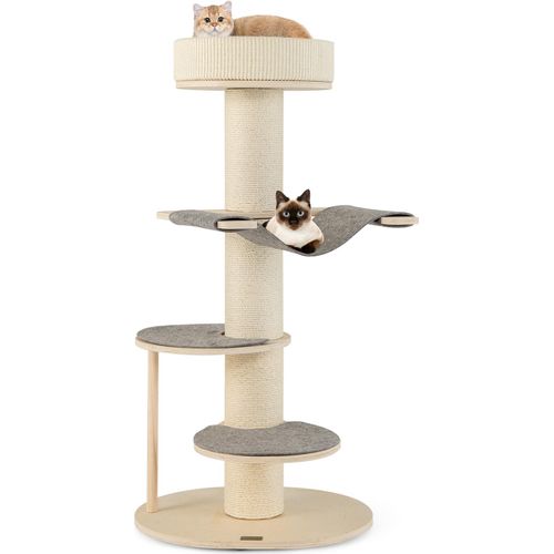 COSTWAY Kratzbaum 120cm Holz, Katzenbaum mit Hängematte, 3 Plattformen, Sisal-Teppich & Kratzsäule, Katzen Katzenmöbel klein, Kletterbaum Grau Natur