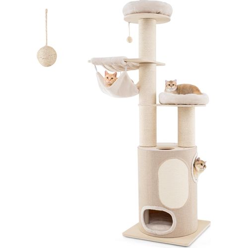 COSTWAY Kratzbaum 187cm Groß, Kletterbaum mit 2-stöckiger Kratztonne, 2 Hängematten, abnehmbarem Bett, Sisalbrett & Spielball, Katzenmöbel Holz Natur