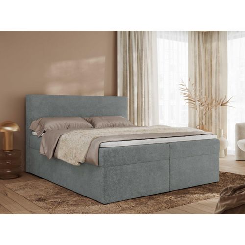 MKS MEBLE Boxspringbett, Polsterbett JAGUAR mit Multipocket-Matratze, struktur dekostoff, zwei Bettkästen und Topper - 200 x 200 cm - H3 - Grau Struktur