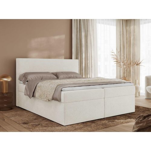 MKS MEBLE Boxspringbett, Polsterbett JAGUAR mit Multipocket-Matratze, struktur dekostoff, zwei Bettkästen und Topper - 200 x 200 cm - H3 - Weiß Struktur