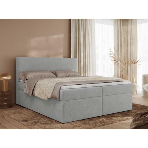 MKS MEBLE Boxspringbett, Polsterbett JAGUAR mit Multipocket-Matratze, struktur dekostoff, zwei Bettkästen und Topper - 160 x 200 cm - H4 - Hellgrau Struktur