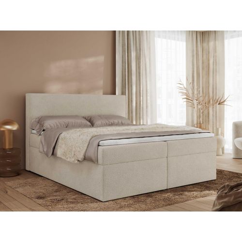 MKS MEBLE Boxspringbett, Polsterbett JAGUAR mit Multipocket-Matratze, struktur dekostoff, zwei Bettkästen und Topper - 200 x 200 cm - H3 - Dunkelbeige Struktur