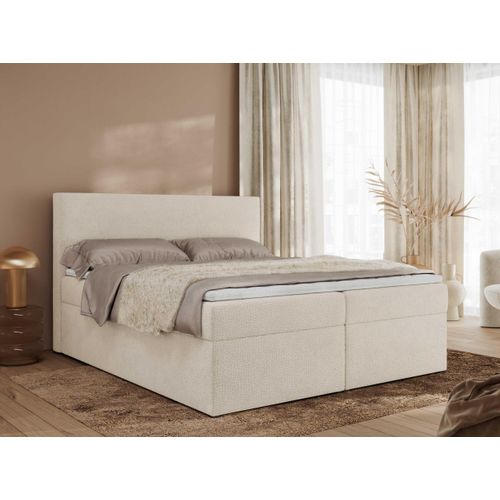 MKS MEBLE Boxspringbett, Polsterbett JAGUAR mit Multipocket-Matratze, struktur dekostoff, zwei Bettkästen und Topper - 140 x 200 cm - H3 - Beige Struktur