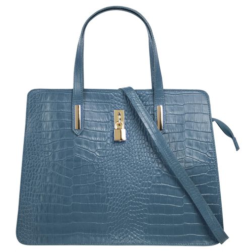 Henkeltasche CLUTY, Damen, Gr. B/H/T: 36cm x 28cm x 8cm onesize, blau, Leder, Reptilienprägung, Taschen, echt Leder, Made in Italy