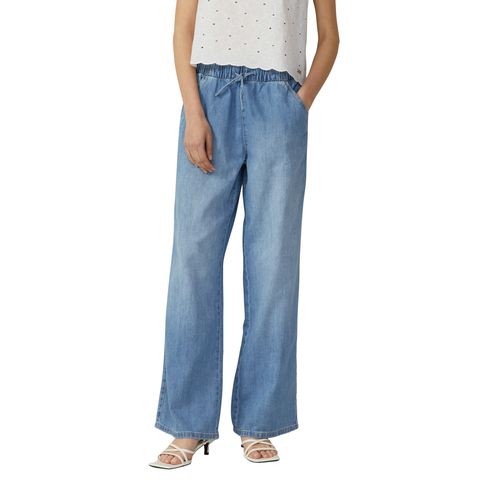 Weite Jeans QS, Damen, Gr. 40, Länge 32, blau (mid blau), Denim/Jeans, Obermaterial: 100% Baumwolle, unifarben, casual, bequem lang, Jeans, mit elastischem Bund und Kordelzug
