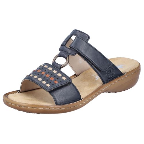 Pantolette RIEKER, Damen, Gr. 39, blau (dunkelblau), Leder, Lederimitat, kontrastfarbene Details, klassisch, Schuhe, Keilabsatz, Sommerschuh, Schlappen mit praktischem Klettverschluss