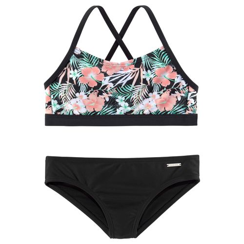 Bustier-Bikini CHIEMSEE, Kinder, Gr. 122/128, N-Gr, schwarz (schwarz, bedruckt), Polyamid, Bikini-Sets, im tropischen Print
