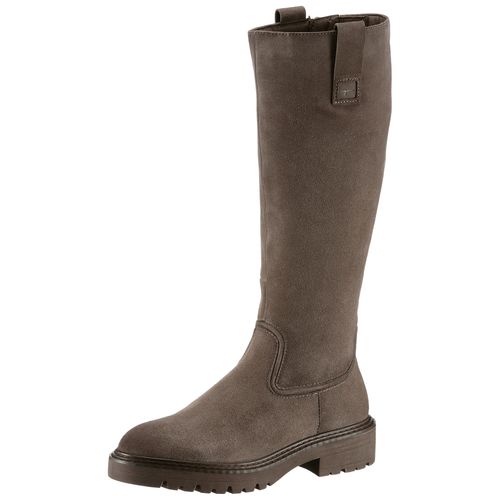 Stiefel TAMARIS, Damen, Gr. 39, Normalschaft, grau (taupe), Veloursleder, Textil, unifarben, klassisch, Schuhe, Blockabsatz, Langschaft-Stiefel im Antik-Look