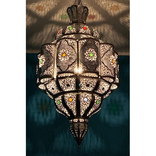 Orientalische Lampe Pendelleuchte Silber Roubla 120cm E27 Lampenfassung | Marokkanische Design Hängeleuchte Leuchte aus Marokko | Orient Lampen für Wohnzimmer, Küche oder Hängend über den Esstisch
