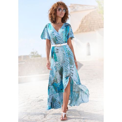 Maxikleid BUFFALO, Damen, Gr. 34, N-Gr, blau (blau bedruckt), Jersey, Obermaterial: 100% Viskose, bedruckt, animal-print, modisch, figurbetont knöchellang, V-Ausschnitt, Kurzarm, Kleider, im Vokuhila-Schnitt, Schlitz und Volant, Flügelärmel, Druckkleid