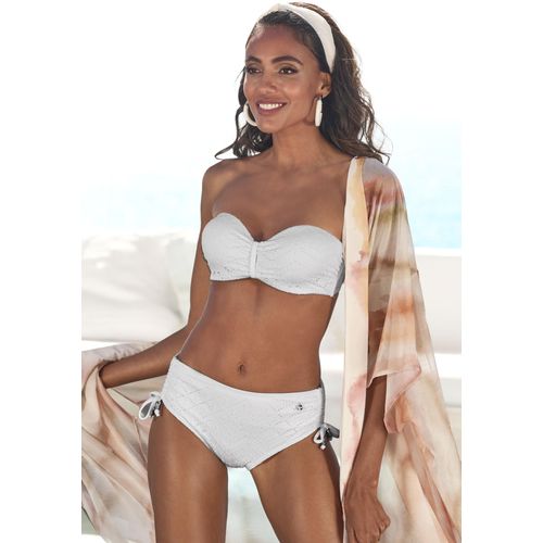 Bügel-Bandeau-Bikini-Top LASCANA "Omara", Damen, Gr. 38, Cup D, beige (creme), Recycling-Polyamid, unifarben, Bikini-Oberteile, mit Lochstickerei