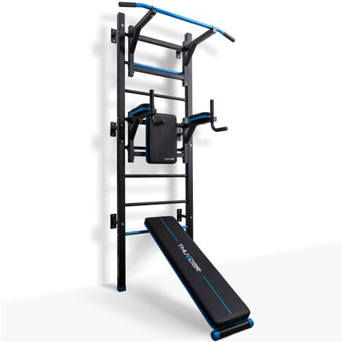 THUNDER® | RITMO | Trainingsdipstation mit Klimmzugstange und Hantelbank | Wandmontage | Belastbarkeit 150 kg | Schwarz | Stahlkonstruktion