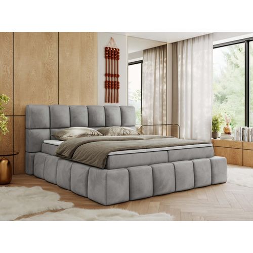 MKS MEBLE Boxspringbett, Doppelbett NIRA mit dekorativem Kopfteil, Multipocket-Matratze und Topper, Polsterbett mit Bettkästen - 120 x 200 cm - H3 - Hellgrau Velvet