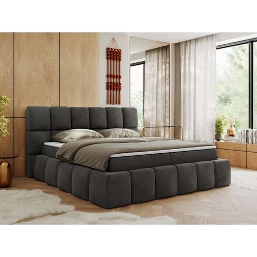 MKS MEBLE Boxspringbett, Doppelbett NIRA mit dekorativem Kopfteil, Multipocket-Matratze und Topper, Polsterbett mit Bettkästen - 120 x 200 cm - H4 - Dunkelgrau Velvet