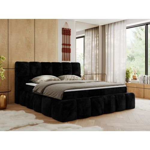 MKS MEBLE Boxspringbett, Doppelbett NIRA mit dekorativem Kopfteil, Multipocket-Matratze und Topper, Polsterbett mit Bettkästen - 160 x 200 cm - H4 - Schwarz Plüsch