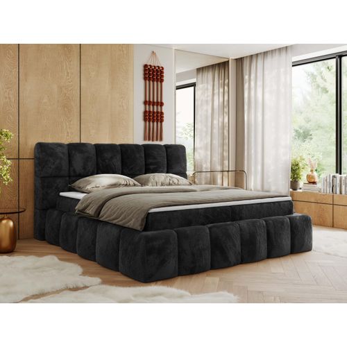 MKS MEBLE Boxspringbett, Doppelbett NIRA mit dekorativem Kopfteil, Multipocket-Matratze und Topper, Polsterbett mit Bettkästen - 140 x 200 cm - H4 - Dunkelgrau Plüsch