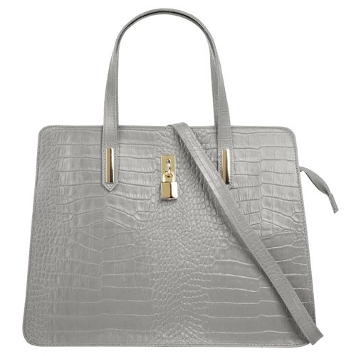 Henkeltasche CLUTY, Damen, Gr. B/H/T: 36cm x 28cm x 8cm onesize, grau, Leder, Reptilienprägung, Taschen, echt Leder, Made in Italy