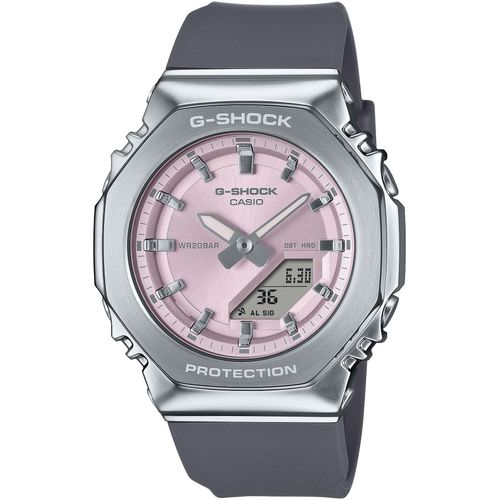Chronograph CASIO G-SHOCK, grau (grau, rosa), Armbanduhren, Damen, Quarzuhr, Armbanduhr, Damenuhr, Herrenuhr, Stoppfunktion, Resinband