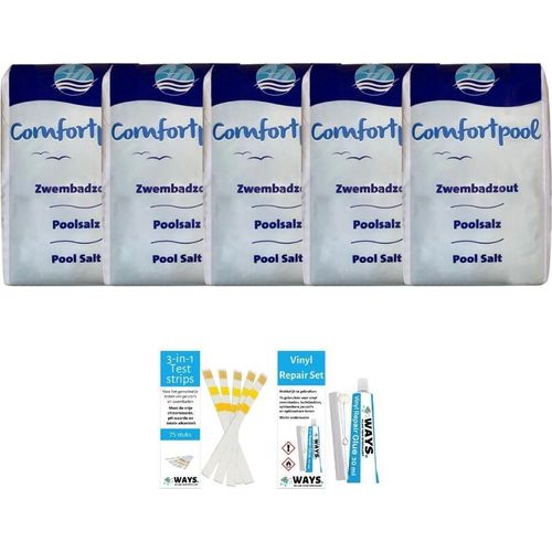 Sparpackung - Poolsalz - 100 kg (5 x 20) & WAYS Reparaturset und Teststreifen