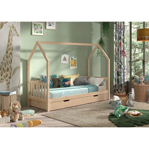 CABANE Hausbett 90x200 cm, seitlicher Umrandung, Bettschublade, Kiefer massiv natur