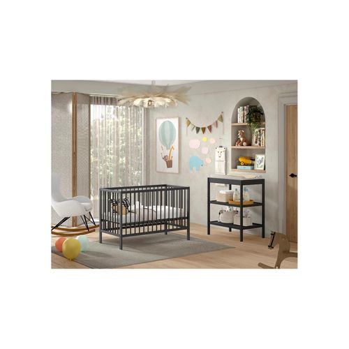 DINO Baby Set best. aus Babybett und Wickelregal, Buche massiv - versch. Ausführungen - Anthrazit
