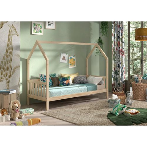 CABANE Hausbett 90x200 cm und seitlicher Umrandung, Kiefer massiv natur