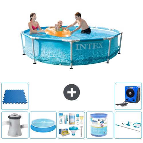 Intex Rundrahmen-Schwimmbecken – 305 x 76 cm – Wasserdruck – inklusive Pumpe Sonnensegel - Wartungspaket - Filter - Reinigungskit - Bodenfliesen - Wärmepumpe