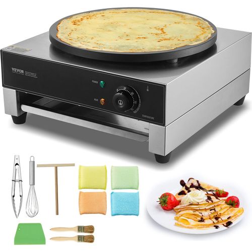 VEVOR elektrischer Crepemaker Crepe-Maschine 1700 W flache Crepe-Grillplatte 40 cm, antihaftbeschichteter fannkuchenherd aus Edelstahl, runder Cerealien-Pfannkuchenherd, Temperaturregelung