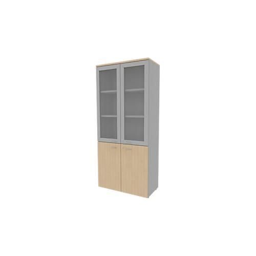 Schrank ARLON OFFICE, 5 Ordnerhöhen, 2 Glastüren m. Rahmen, 2 Melamintüren, H 2000 mm, Eiche-Dekor/alu