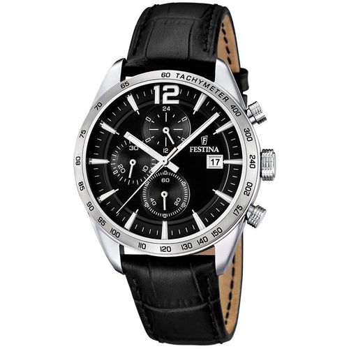 Chronograph FESTINA, schwarz, Armbanduhren, Herren, Armbanduhr, Quarzuhr, Herrenuhr, Lederarmband, Stoppfunktion