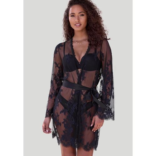 Kimono LASCANA, Damen, Gr. 44/46, schwarz, Obermaterial: 89% Polyamid, 10% Polyester, 1% Elasthan, Hausmäntel, aus traumhafter Eyelash-Spitze, sexy Dessous, Reizwäsche
