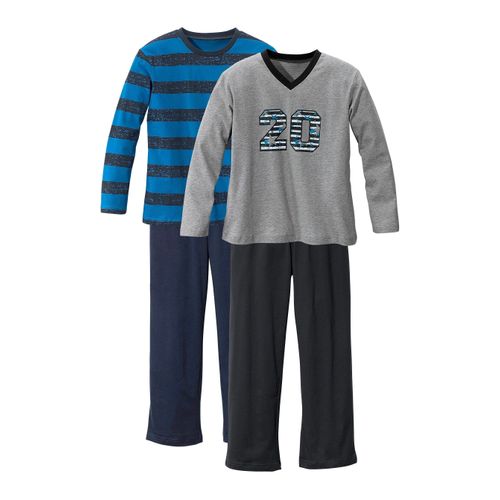 Pyjama AUTHENTIC LE JOGGER, Kinder, Gr. 182, blau (türkis, gestreift, grau, meliert), Jersey, Obermaterial: 100% Baumwolle, gestreift, bedruckt, Basic, lässig geschnitten lang, Rundhals, Langarm abgesteppte Kante, Homewear-Sets, mit lässigem Druck und gedruckten Streifen