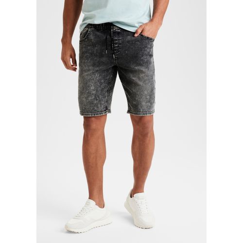 Jeansshorts BUFFALO, Herren, Gr. L (52/54), N-Gr, schwarz (schwarz, moonwashed), Denim/Jeans, Obermaterial: 65% Baumwolle, 33% Polyester, 2% Elasthan, Destroyed-Effekte, casual, regular fit knielang, Jeans, knielang, elastische Schlupf-Bermuda, kurze Hose in moonwashed