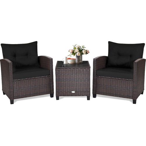 Balkonmöbel Set für 2 Personen, Rattan Gartensitzgruppe 3 teilig, Gartenmöbel Set 2 Sessel mit Kissen (Schwarz)
