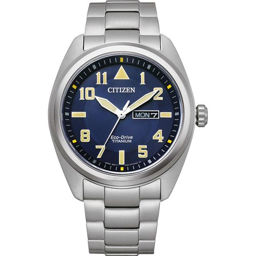 Solaruhr CITIZEN, silber (silberfarben, dunkelblau), Armbanduhren, Herren, Armbanduhr, Herrenuhr, Titan, Datum, Lederarmband
