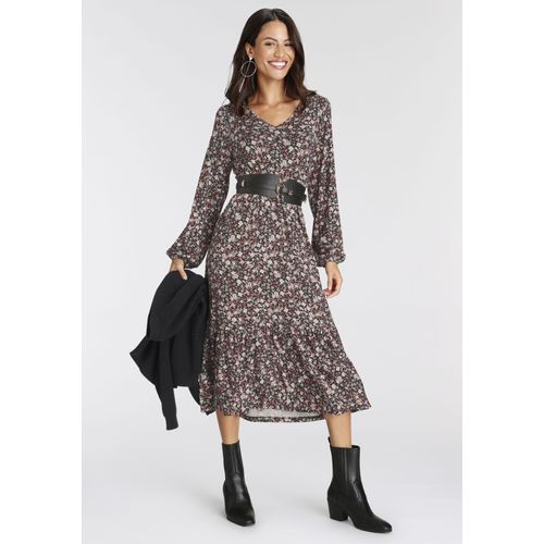 Midikleid LAURA SCOTT, Damen, Gr. 40, N-Gr, schwarz (schwarz, rot), Single Jersey, Obermaterial: 95% Viskose, 5% Elasthan, geblümt, feminin, ca. Mitte Wade, V-Ausschnitt, Langarm mit innenliegendem Gummizug, Kleider, wadenlang, geblümte Optik, aus Viskosemischung, Langarm