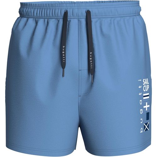 Badeshorts BUGATTI, Herren, Gr. L, N-Gr, schwarz (mare blau), Microfaser, Polyester, unifarben, bedruckt, sportlich, Badehosen, mit Markenprägung an den Kordeln