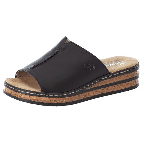 Pantolette RIEKER, Damen, Gr. 38, schwarz, Lederimitat, unifarben, klassisch, Schuhe, Plateau, Sommerschuh, Schlappen in klassischer Optik, Topseller